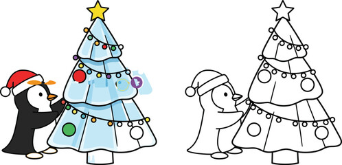 Cute Penguin Decorating a Christmas Tree with Ornaments Festive Holiday Scene