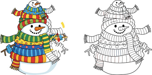 Happy Stacked Snowmen in Colorful Scarves with Gift Christmas Vector Illustration
