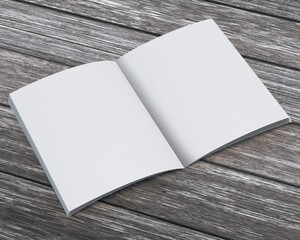 Magazine, copybook, catalog two blank, white pages, mockup 3d illustration on textured wooden planks.