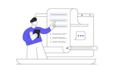 World blogging and media content making. Public relations. PR agency page pencil. Man Character speaker, digital advertising. Flat Cartoon Vector Illustration, icon Stylish abstract design landing web