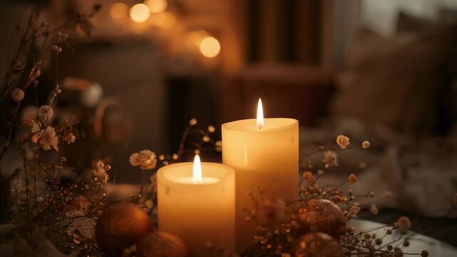 Flickering two cream pillar candles melting wax on low round table, with wreath and ornaments