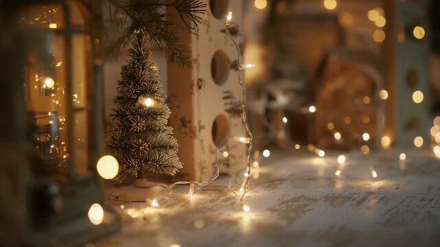 Glinting frostXmastree reacting to warm lights flickering on table near house and lantern, copy spac