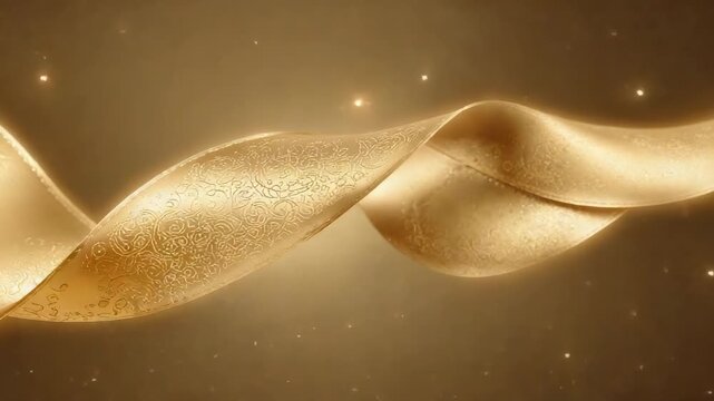 Starting sequence, golden ribbon drifting, rotating in studio haze with sparkles, showing embossing