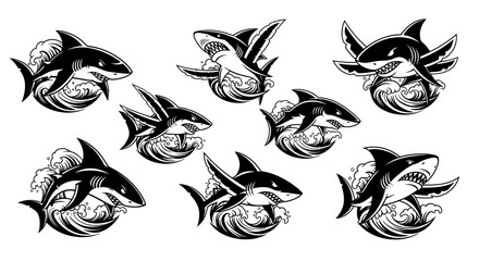 Multiple Orca Whales Heads Illustration Set.