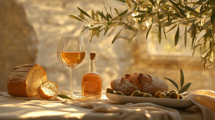 Fototapeta premium Rustic Table with Wine, Bread, and Olives in Sunlight