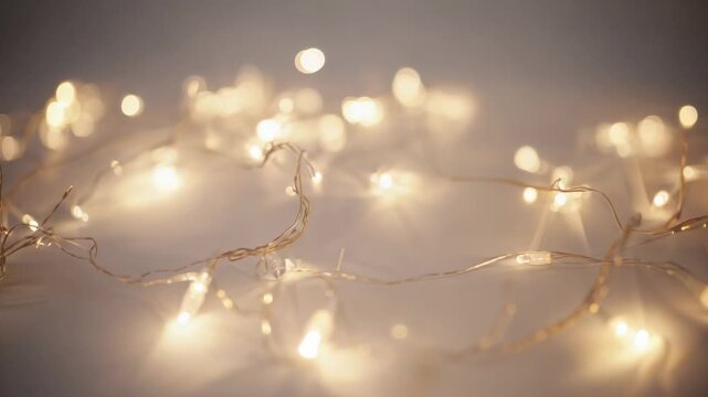 Shifting camera focus revealing warm white micro LED fairy lights on pale table, showing filaments