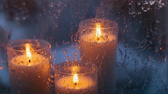 Flickering three pillar candles casting warm glow on sill, drops sliding, reflections shifting