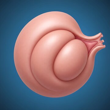 Ovarian Germ Cell Tumor (Dysgerminoma) depicted as a large, homogeneous, soft, pink-tan mass replacing the ovary's structure. The surface is smooth but lobulated. Blue background,  focus on youthful p
