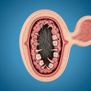 Dermoid Cyst (Mature Cystic Teratoma), cut open to reveal a chaotic mix of tissue inside, including hair, teeth, and sebaceous material within the ovary's tissue. The outer ovary is smooth and pale. I
