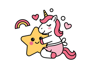 Adorable Unicorn Hugging Smiling Star Rainbow Hearts Whimsical Cartoon Illustration