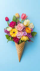 Colorful floral bouquet in waffle cone against teal background