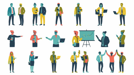 Diverse group of business professionals in various poses and activities.