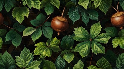 Seamless Green Leaf and Chestnut Pattern Background