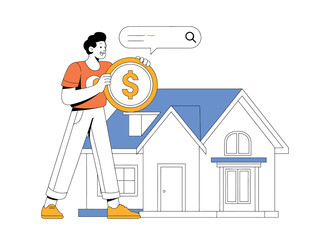 Man Holding Dollar Coin in Front of House with Blue Roof and White Walls
