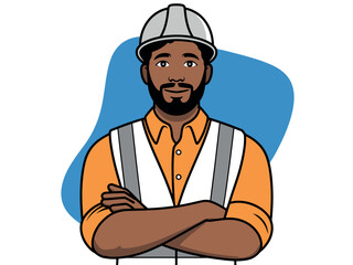 African American Male Construction Worker Wearing Safety Vest and Hard Hat Confidently