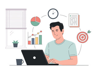 Businessman working on laptop with productivity and statistics graphics around him