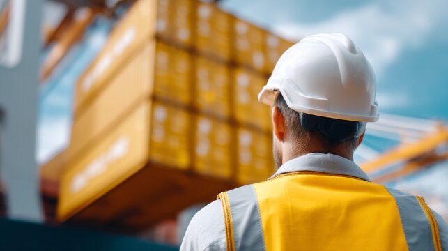 A worker with a white hard hat and a safety vest is observing the movement of shipping containers being moved by a crane at a bustling port - Powered by Adobe