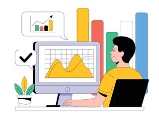Businessman Analyzing Colorful Graph Data on Computer Screen in Office Setting