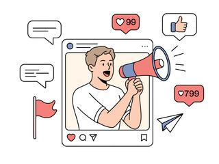 Man Holding Megaphone in Social Media Post with Likes and Comments