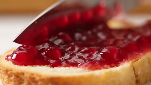Macro shot of spreading thick berry jam with whole berries on brioche toast, fruity sweet and breakfast concept