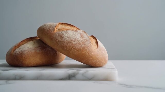 Freshly baked bread loaves on a marble slab viewed from a slight angle