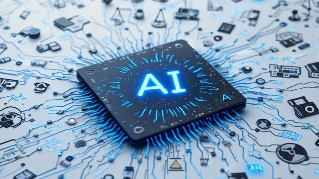 An AI circuit microchip with a glowing blue line, surrounded by a legal scale, warning symbols, datasheets, and binary code, representing ethical AI, AI governance, and data integrity assurance. 4k