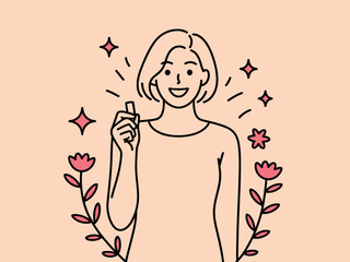 Happy Woman Holding Phone Outdoors with Flowers and Sparkles Around Her