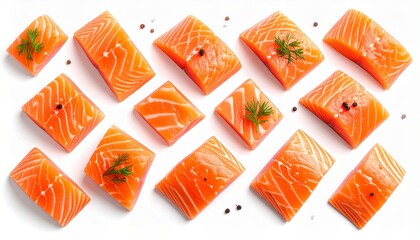 Many salmon pieces seasoned with herbs and pepper for seafood menus, recipe books, culinary blogs, cooking magazines, restaurant promotions.