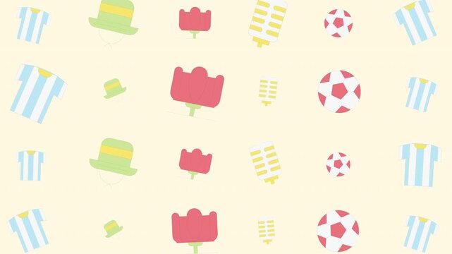 Seamless Pattern of Soccer Balls, Jerseys, and Hats on Light Background, Graphic Design, Flat View, Sports Theme
