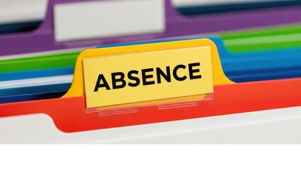 Yellow file tab labeled "ABSENCE" on a colorful file organizer.
