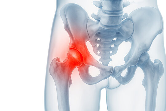 Human hip joint anatomy with highlighted pelvic bone inflammation showing orthopedic pain isolated on white background