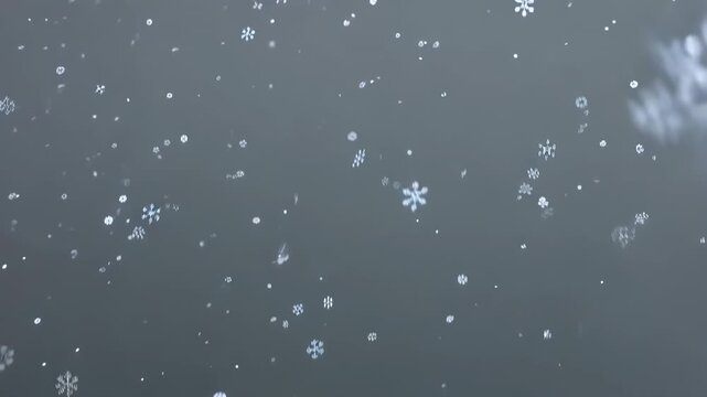Sequence starting snowflakes falling, rotating, scaling on mid-gray keeping density with bokeh dots