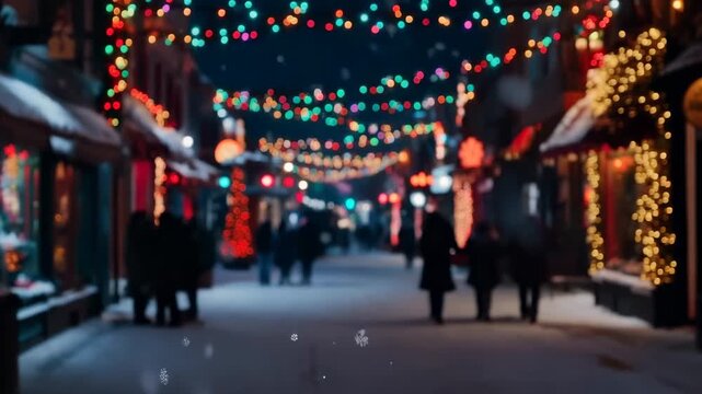 Walking groups in parkas passing shops on festive night street, drawn by shop lights, snow falling
