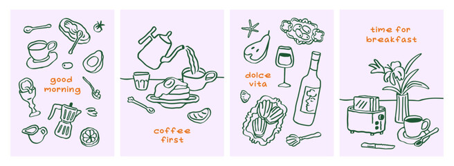 Custom blinds with your photo Breakfast cards set. Dolce Vita morning food and drinks, kitchen posters with coffee, moka pot, wine bottle, toasts, egg, flower vase in drawn doodle sketch scribble style. Flat vector illustrations