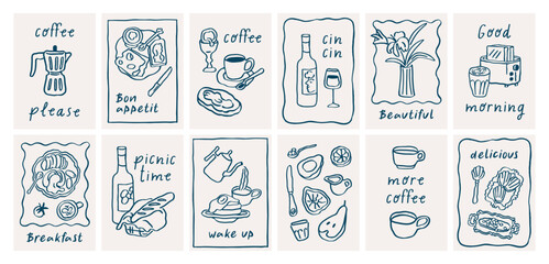 Fototapeta premium Breakfast cards in doodle Dolce Vita style. Italian posters with morning phrases, snacks, coffee cup, moka pot, flower sketches, scribbles in whimsical coquette frames. Hand-drawn vector illustrations
