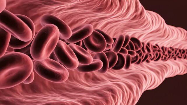 Highly detailed animation showing capillary-level blood flow and red blood cell deformation in tight vessels