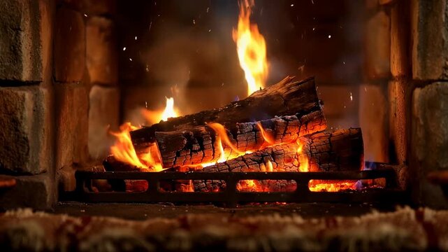 Feeding embers, steady orange flames lighting split logs on metal grate and sending sparks rising