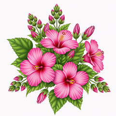 Obraz premium Pink Hibiscus Flower Bouquet Illustration with Green Leaves Isolated on White Background