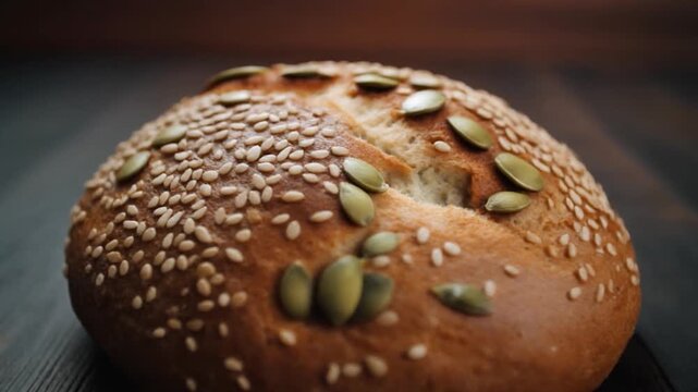 Freshly baked bread with sesame seeds and pumpkin seeds on a wooden table