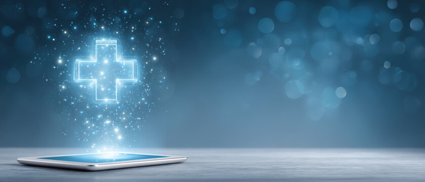 Glowing digital cross over tablet represents futuristic e commerce medical care and healthy life