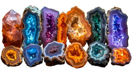 A vibrant display of various geodes with glittering crystal interiors and colorful banding, arranged to showcase natural geological wonders