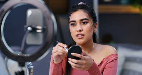 Content creator, makeup or woman with phone for live stream, tutorial or instructions for application tips. Beauty influencer, ring light and recording cosmetics routine for channel, mobile or brush