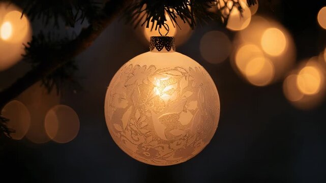 Camera pulling focus to etched bauble hanging from fir branch, showing cap, internal glow, bokeh