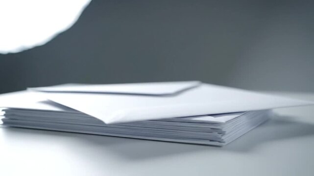 Stack of white paper and envelopes on a white surface