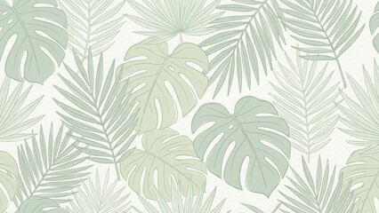 A serene tropical leaf pattern features intricate leaf silhouettes in soft, soothing tones of green, creating a seamless and aesthetically pleasing design.