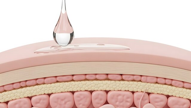 3D illustration of a cosmetic serum drop moisturizing skin layers