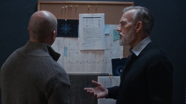 Two men analyzing bulletin board filled with notes and documents, discussing case or project in dark office or investigation setting