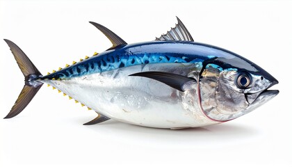 Whole yellowfin tuna fish, isolated on white, ideal for seafood industry, culinary magazines, restaurant menus, sushi restaurant promotions, and food blogs.