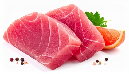 Two tuna steaks with grapefruit parsley and peppercorns displayed. Great for food blogs, seafood recipes, restaurant menus, and cooking websites.