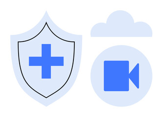 Obraz premium Telehealth, data security, cloud storage, video communication, remote services, healthcare technology. Blue shield with a cross, video icon cloud shape. Telehealth and data security concept